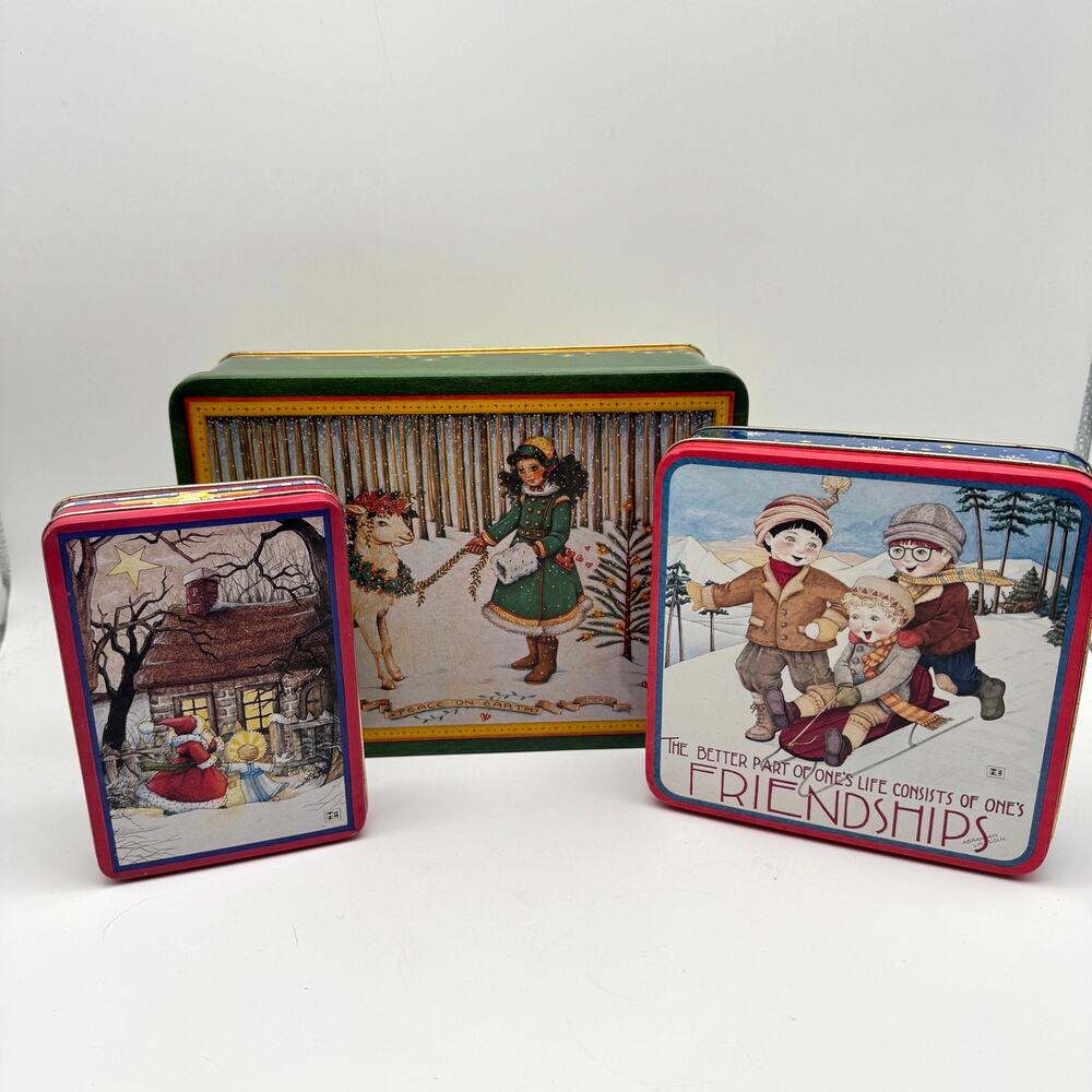 3 Vintage Mary Engelbreit Christmas Collectible Tin Holiday Storage Decor